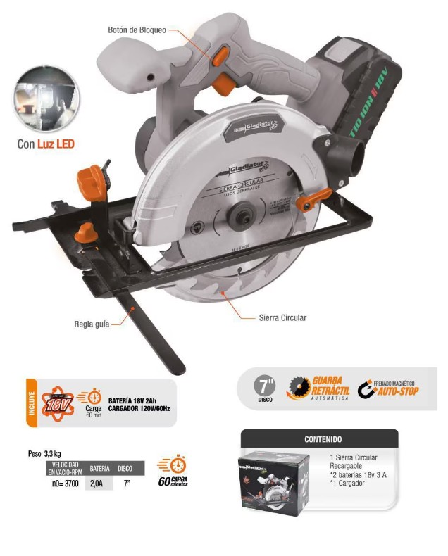 GLADIADOR SC 807/18 C1 SIERRA CIRCULAR 3700RPM 18V 1 BAT