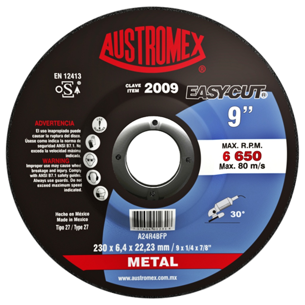 AUSTROMEX 2009 DISCO ABRASIVO DESBASTE METAL 230X6.4X22.23 MM