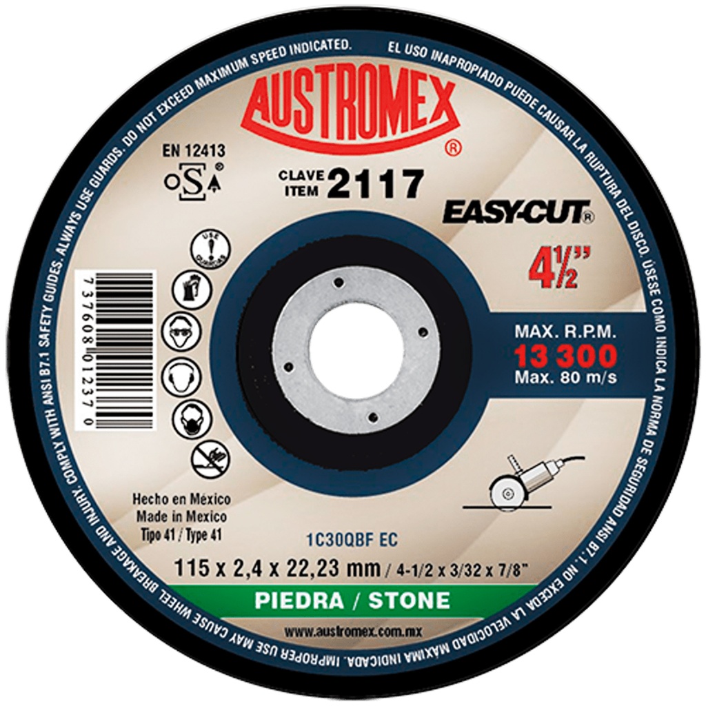 AUSTROMEX 2117 DISCO PARA CORTE DE PIEDRA DE 4 1/2" GRANO 30