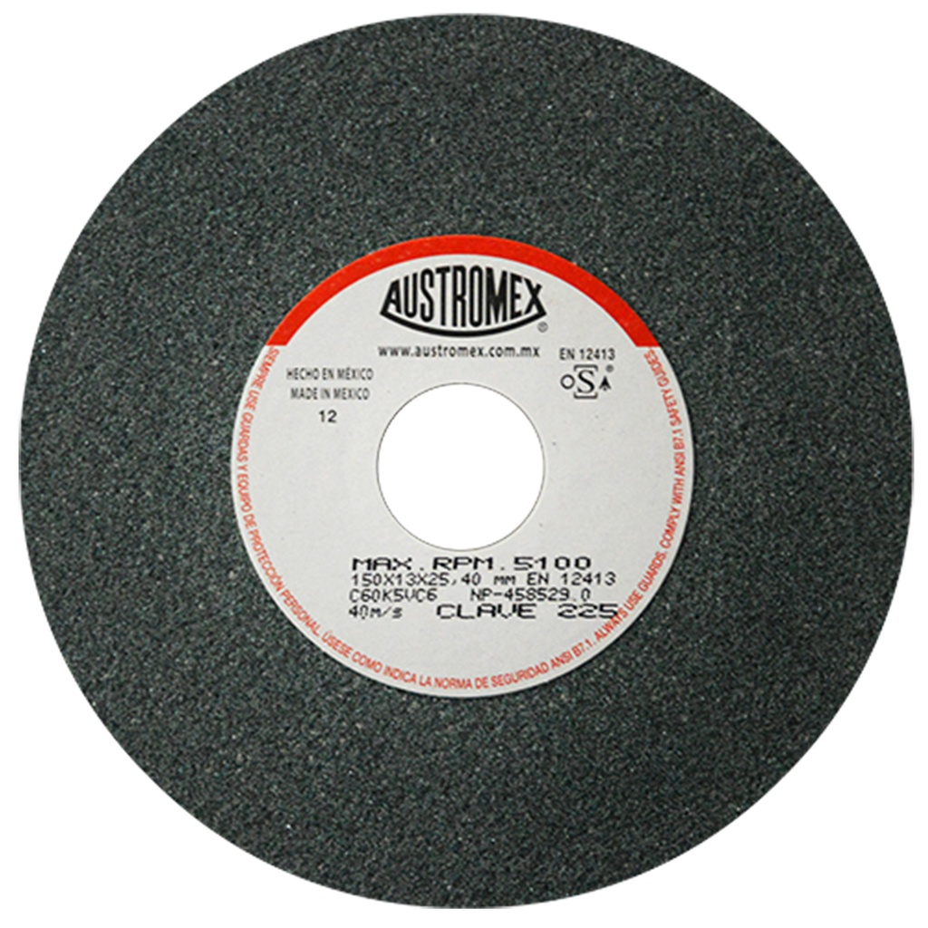 AUSTROMEX 225 RUEDA ABRASIVA PARA ESMERILAR Y AFILAR HERRAMIENTAS DE CORTE DE CARBURO DE TUNGSTENO Y CEMENTADO DE 150 X 13 X 25.40 mm