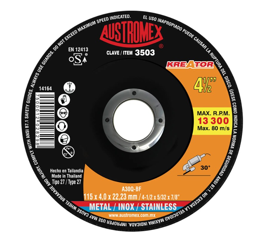 AUSTROMEX 3503 DISCO ABRASIVO P/DESBASTE Y CORTE ACERO AL CARBON Y ACERO INOXIDABLE DE 115 X 4.0 X 22.23 MM