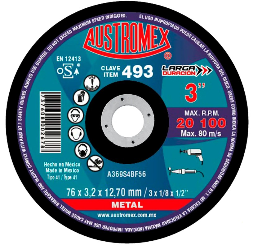 AUSTROMEX 493 DISCO ABRASIVO 3" PARA CORTE DE METAL DE 76 X 3.2 X 12.70 MM