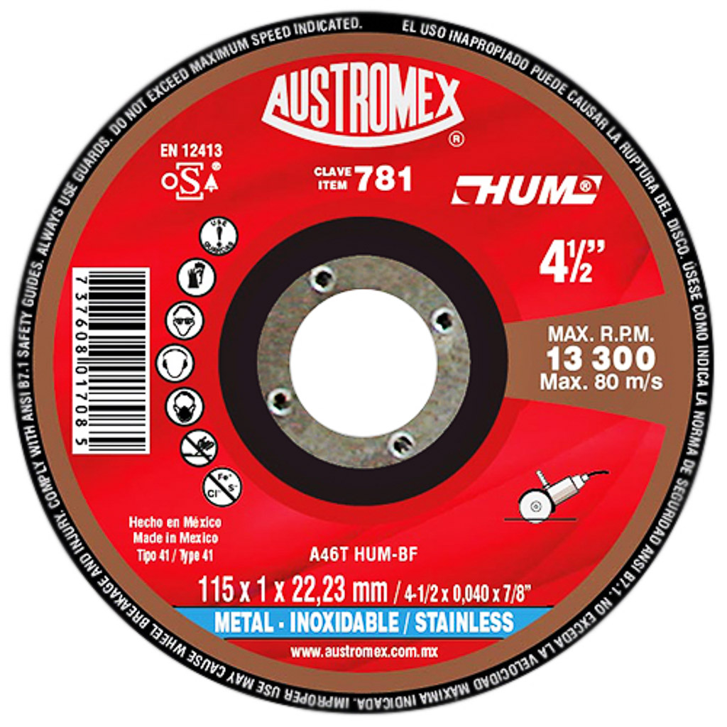 AUSTROMEX 781 DISCO ABRASIVO CORTE INOXIDABLE 4 1/2 X 0.04