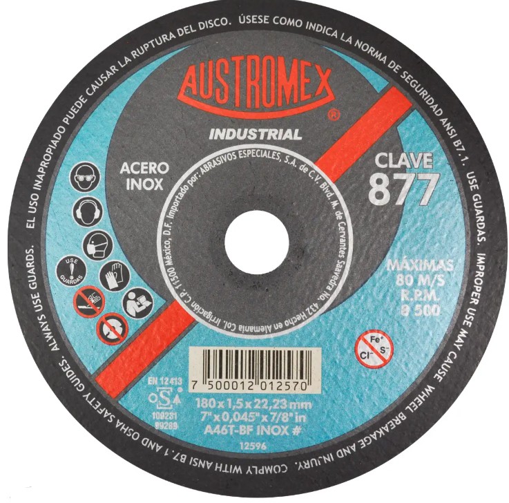 AUSTROMEX 877 DISCO ABRASIVO CORTE INOXIDABLE 180X1.5X22.23 MM