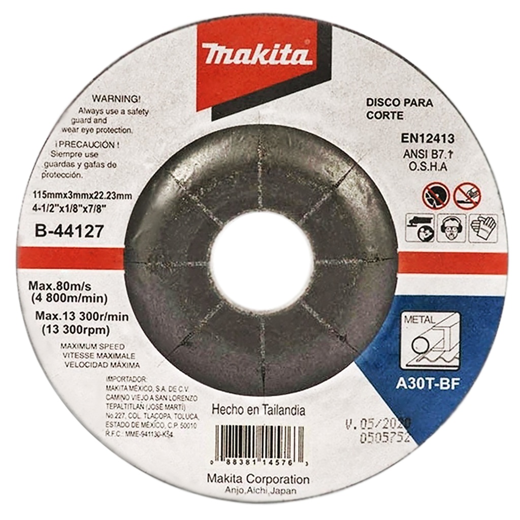 MAKITA B-44127 DISCO DE CORTE PARA METAL 4-1/2" x 3mm x 7/8"