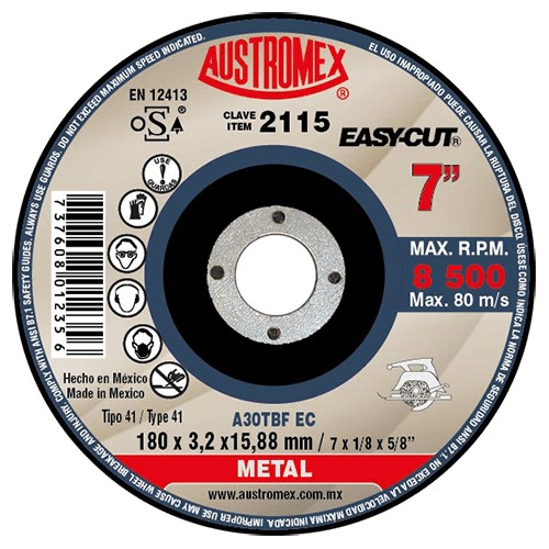 AUSTROMEX 2115 DISCO ABRASIVO CORTE METAL Y USO GENERAL 180X3.2X15.88 MM