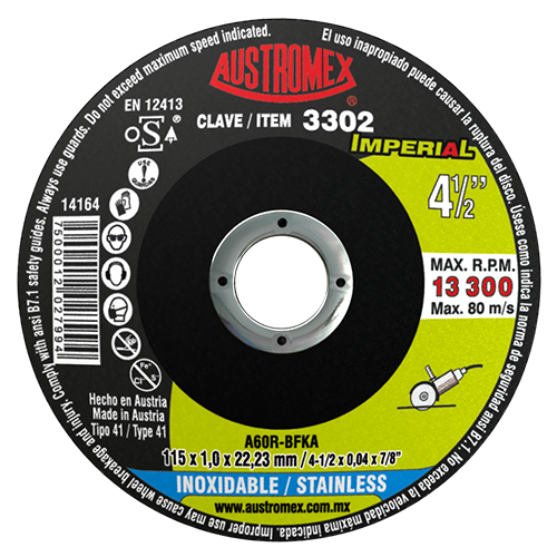 AUSTROMEX 3302 REMATE DISCO ABRASIVO PARA CORTE ACERO INOXIDABLE 115X1.0X22.23MM