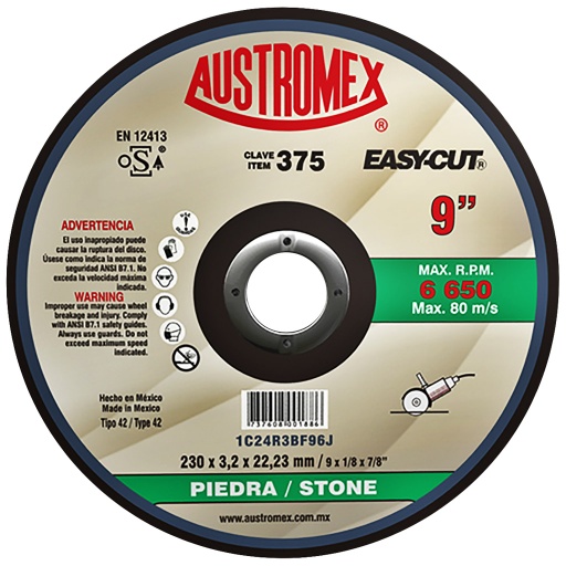 AUSTROMEX 375 DISCO ABRASIVO 9” PARA CORTE DE PIEDRA, LADRILLO, CONCRETO, REFRACTARIOS