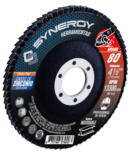 SYNERGY DOZ80 DISCO FLAP LAMINADO ZIRCONIO 4 1/2 X 7/8 GRANO 80