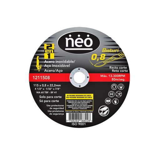 NEO 1211508 DISCO CORTE FINO ACERO INOX 4 1/2 X 1/32